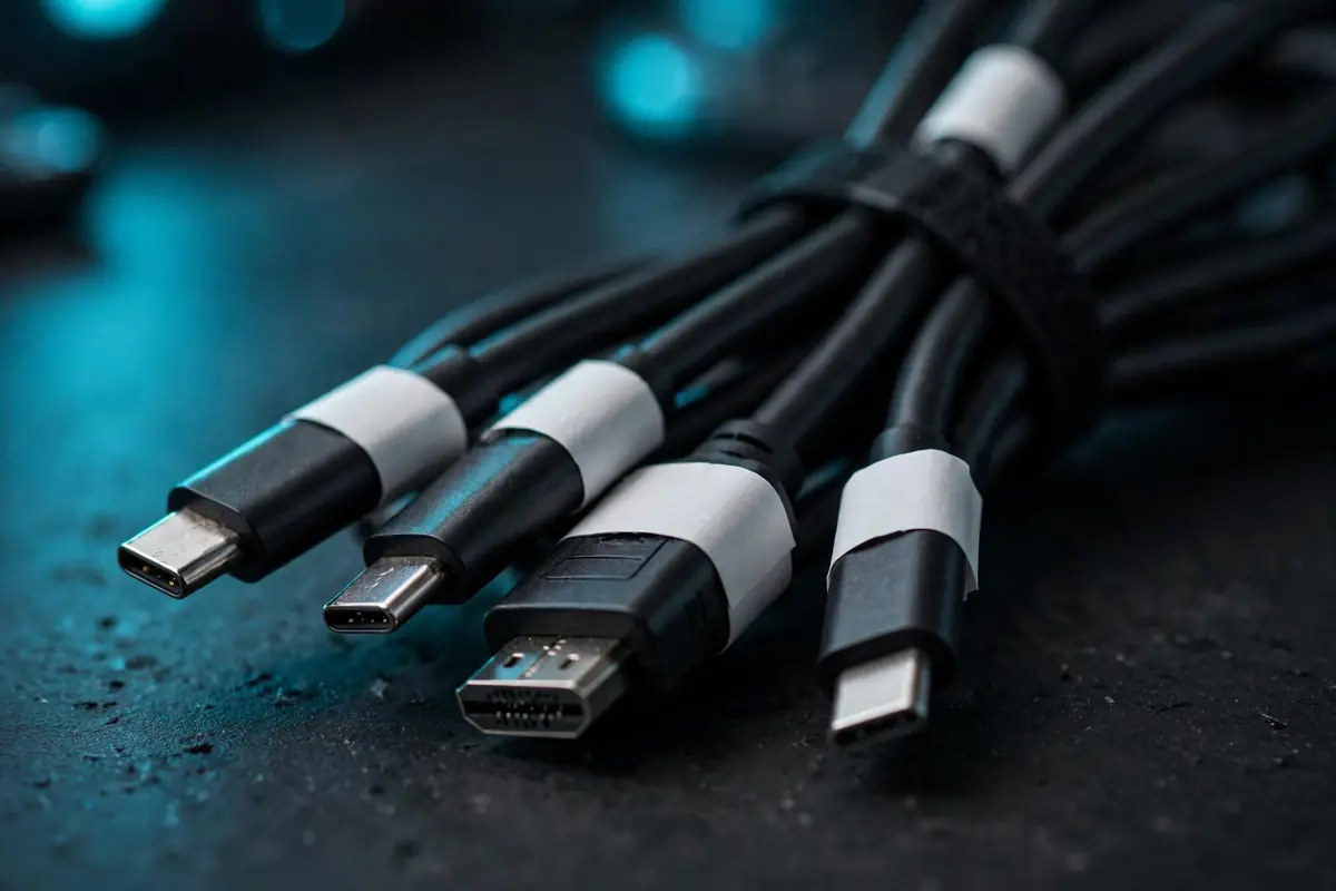 Beschriftete Kabel an einem aufgeräumten Schreibtisch